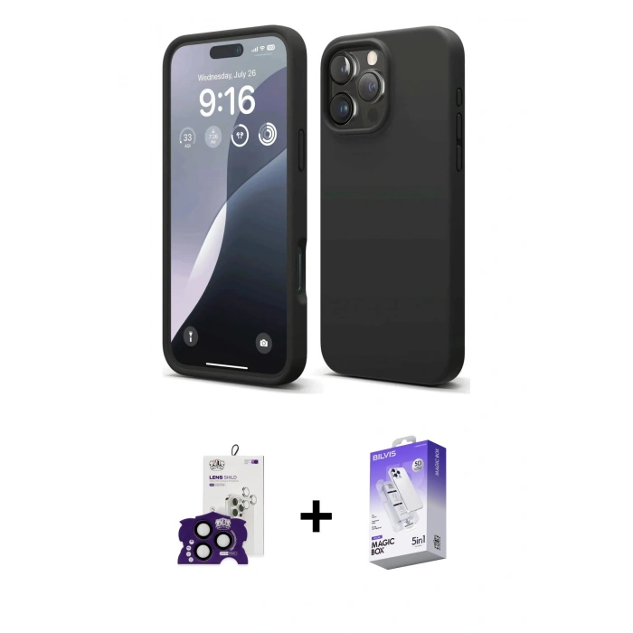 MARSİLYAN™- iPhone 16 Pro Max Kılıf Kozmos Yansıma Özel Seri - Siyah Bilvis 5in1 3D Magic Cam Ekran Koruyucu + Bilvis Titan Kamera Lens - SH