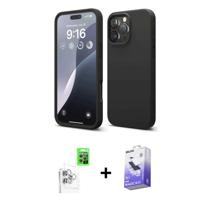 MARSİLYAN™- iPhone 16 Pro Max Kılıf Kozmos Yansıma Özel Seri - Siyah Bilvis 5in1 5D Magic Hayalet Cam Ekran Koruyucu + Raze Metal Kamera Lens - BZ