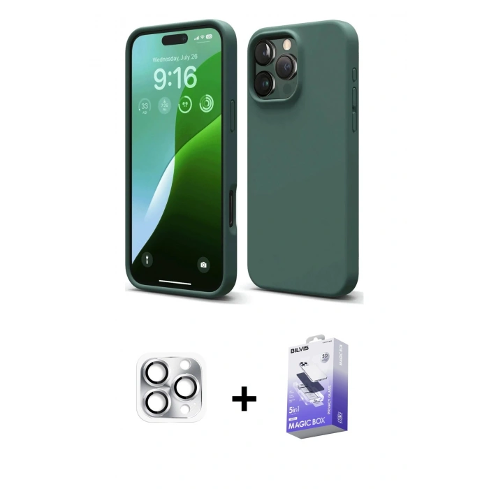 MARSİLYAN™- iPhone 16 Pro Max Kılıf Kozmos Yansıma Özel Seri - Siyah Bilvis 5in1 5D Magic Hayalet Cam Ekran Koruyucu + Pers Alüminyum Kamera Lens - GS