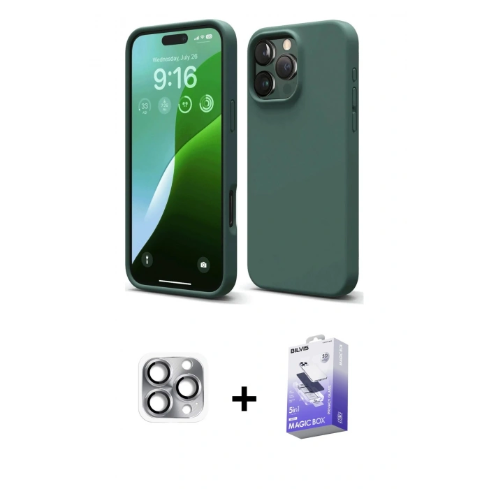 MARSİLYAN™- iPhone 16 Pro Max Kılıf Kozmos Yansıma Özel Seri - Siyah Bilvis 5in1 5D Magic Hayalet Cam Ekran Koruyucu + Pers Alüminyum Kamera Lens - GI