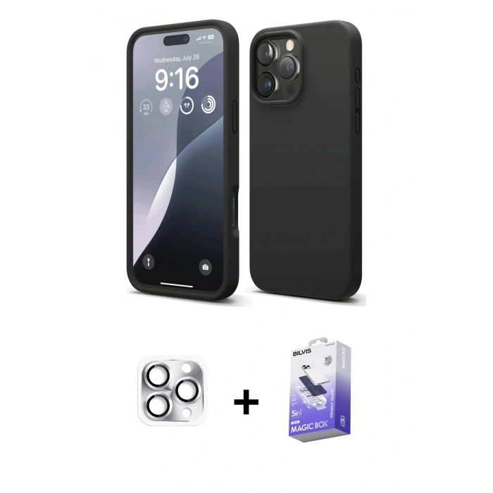 MARSİLYAN™- iPhone 16 Pro Max Kılıf Kozmos Yansıma Özel Seri - Siyah Bilvis 5in1 5D Magic Hayalet Cam Ekran Koruyucu + Pers Alüminyum Kamera Lens - GS