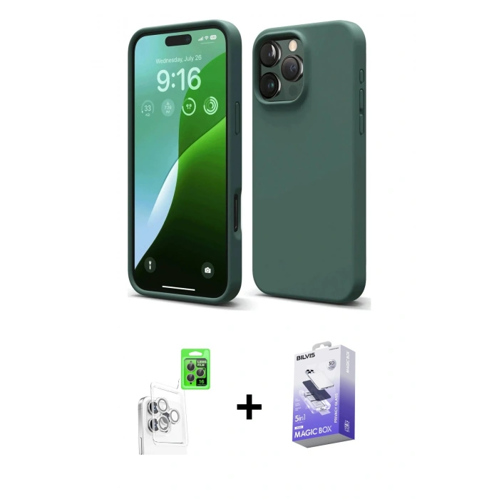 MARSİLYAN™- iPhone 16 Pro Max Kılıf Kozmos Yansıma Özel Seri - Siyah Bilvis 5in1 5D Magic Hayalet Cam Ekran Koruyucu + Raze Metal Kamera Lens - BZ
