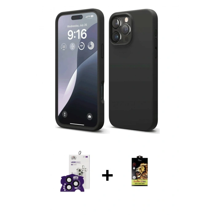 MARSİLYAN™- iPhone 16 Pro Max Kılıf Kozmos Yansıma Özel Seri - Siyah Buffer Cam Ekran Koruyucu + Bilvis Titan Kamera Lens - SH