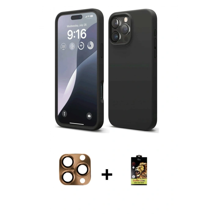 MARSİLYAN™- iPhone 16 Pro Max Kılıf Kozmos Yansıma Özel Seri - Siyah Buffer Cam Ekran Koruyucu + Pers Alüminyum Kamera Lens - CLTM