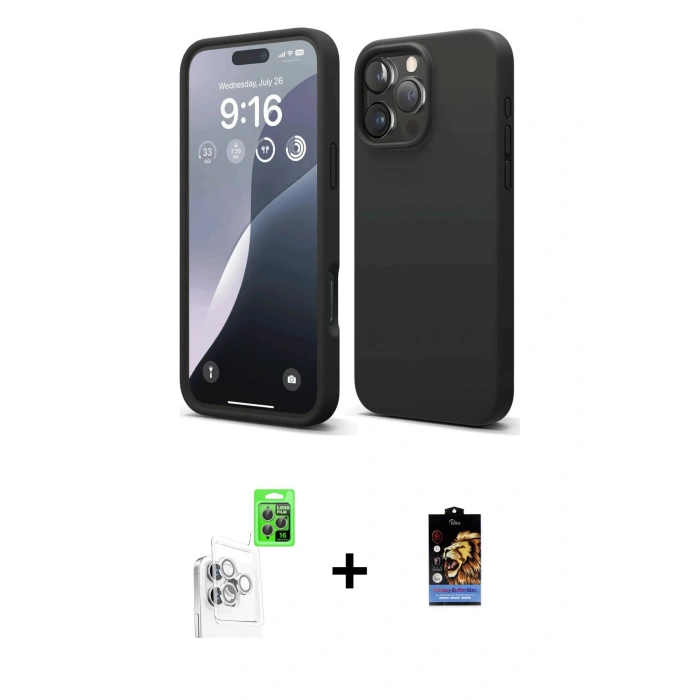 MARSİLYAN™- iPhone 16 Pro Max Kılıf Kozmos Yansıma Özel Seri - Siyah Buffer Hayalet Cam Ekran Koruyucu + Raze Metal Kamera Lens - BZ