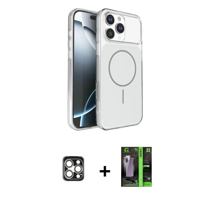 MARSİLYAN™- iPhone 16 Pro Max Kılıf Kutup Doku Serisi - Şeffaf 360 Full Body Arka Koruyucu + Gümüş PVD Metal Kamera Lens