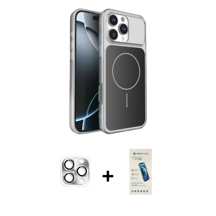 MARSİLYAN™- iPhone 16 Pro Max Kılıf Kutup Doku Serisi - Şeffaf Pasifik Cam Ekran Koruyucu + Gümüş Pers Alüminyum Kamera Lens