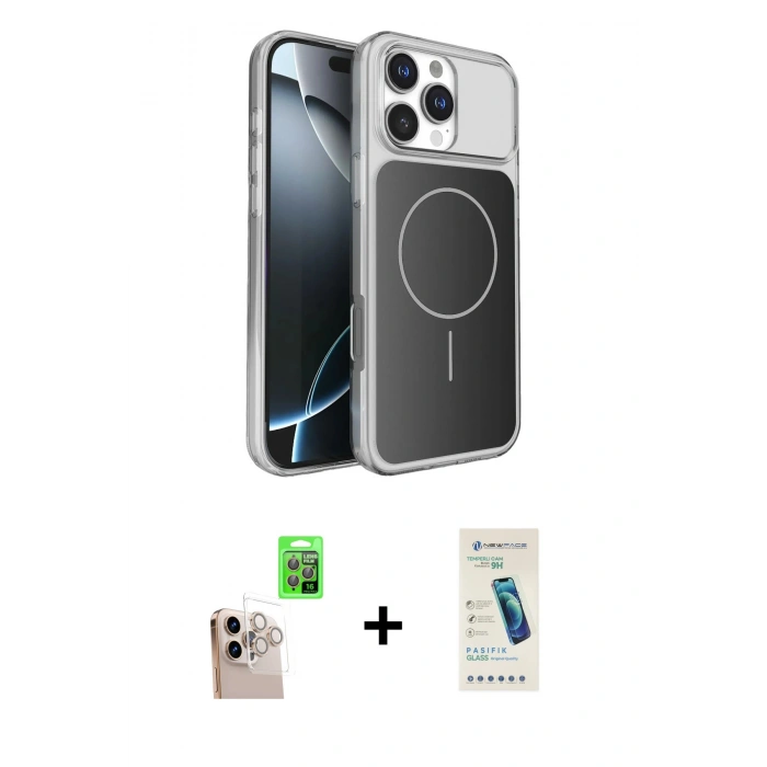 MARSİLYAN™- iPhone 16 Pro Max Kılıf Kutup Doku Serisi - Şeffaf Pasifik Cam Ekran Koruyucu + Raze Metal Kamera Lens - NLGY