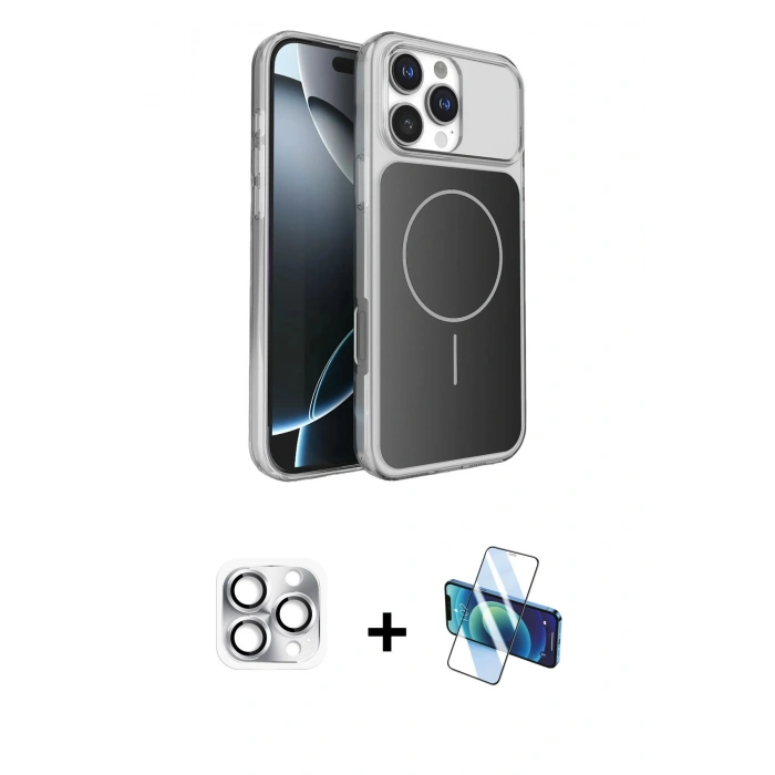 MARSİLYAN™- iPhone 16 Pro Max Kılıf Kutup Doku Serisi - Siyah 3D Antistatik Cam Ekran Koruyucu + Pers Alüminyum Kamera Lens - GS