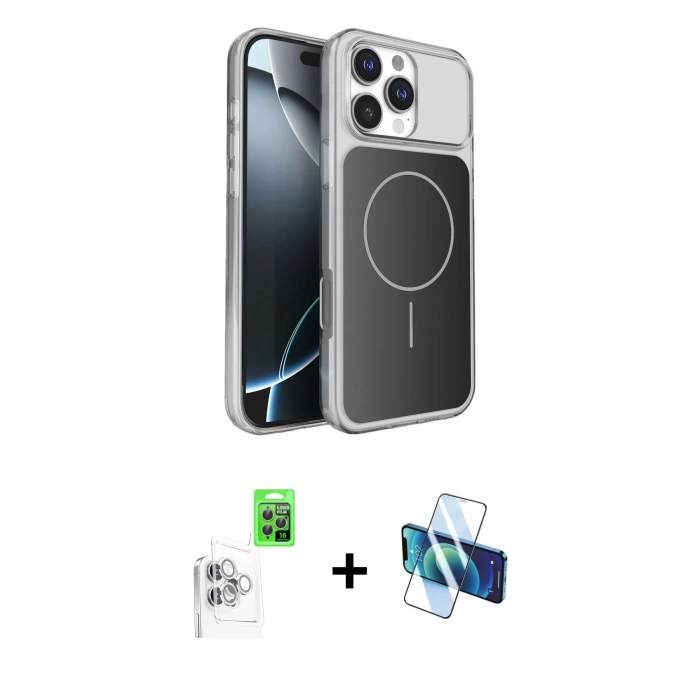 MARSİLYAN™- iPhone 16 Pro Max Kılıf Kutup Doku Serisi - Siyah 3D Antistatik Cam Ekran Koruyucu + Raze Metal Kamera Lens - BZ