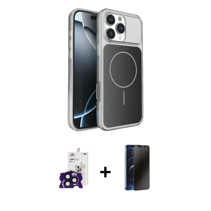 MARSİLYAN™- iPhone 16 Pro Max Kılıf Kutup Doku Serisi - Siyah 3D Antistatik Hayalet Cam Ekran Koruyucu + Bilvis Titan Kamera Lens - SH
