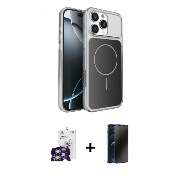 MARSİLYAN™- iPhone 16 Pro Max Kılıf Kutup Doku Serisi - Siyah 3D Antistatik Hayalet Cam Ekran Koruyucu + Bilvis Titan Kamera Lens - GS