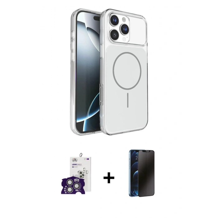 MARSİLYAN™- iPhone 16 Pro Max Kılıf Kutup Doku Serisi - Siyah 3D Antistatik Hayalet Cam Ekran Koruyucu + Bilvis Titan Kamera Lens - GS