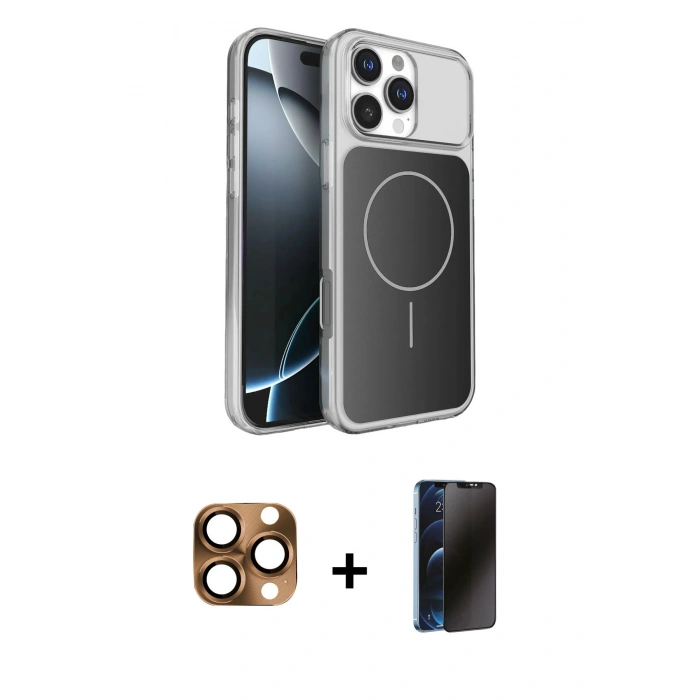 MARSİLYAN™- iPhone 16 Pro Max Kılıf Kutup Doku Serisi - Siyah 3D Antistatik Hayalet Cam Ekran Koruyucu + Pers Alüminyum Kamera Lens - CLTM