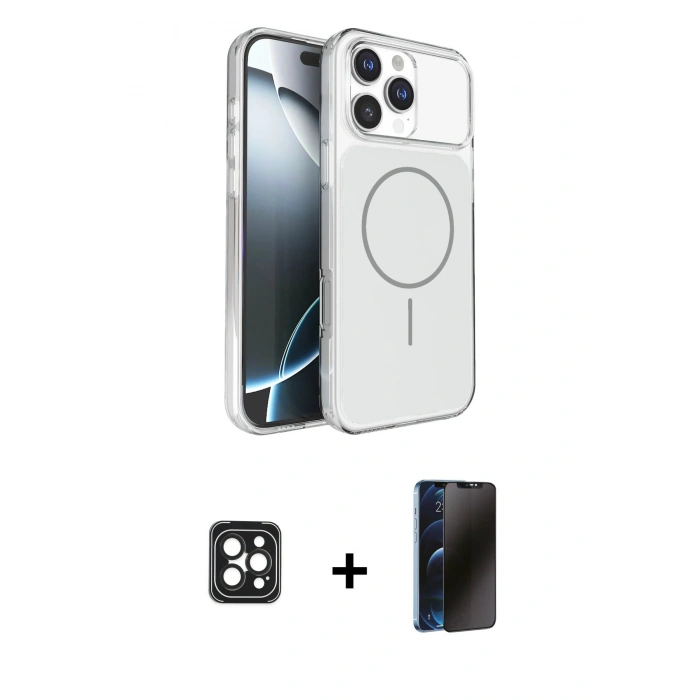 MARSİLYAN™- iPhone 16 Pro Max Kılıf Kutup Doku Serisi - Siyah 3D Antistatik Hayalet Cam Ekran Koruyucu + PVD Metal Kamera Lens - SH