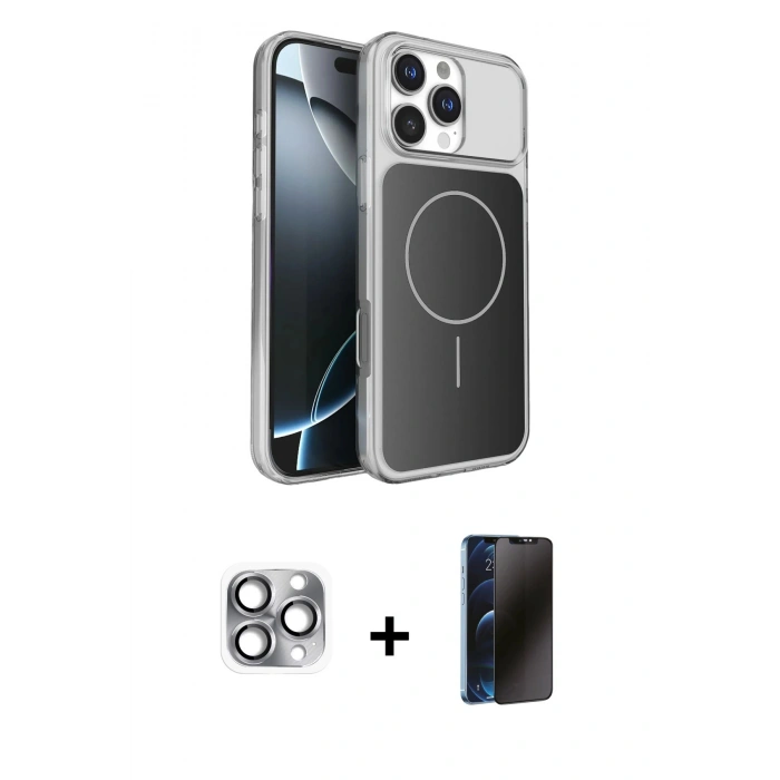 MARSİLYAN™- iPhone 16 Pro Max Kılıf Kutup Doku Serisi - Siyah 3D Antistatik Hayalet Cam Ekran Koruyucu + Pers Alüminyum Kamera Lens - GI
