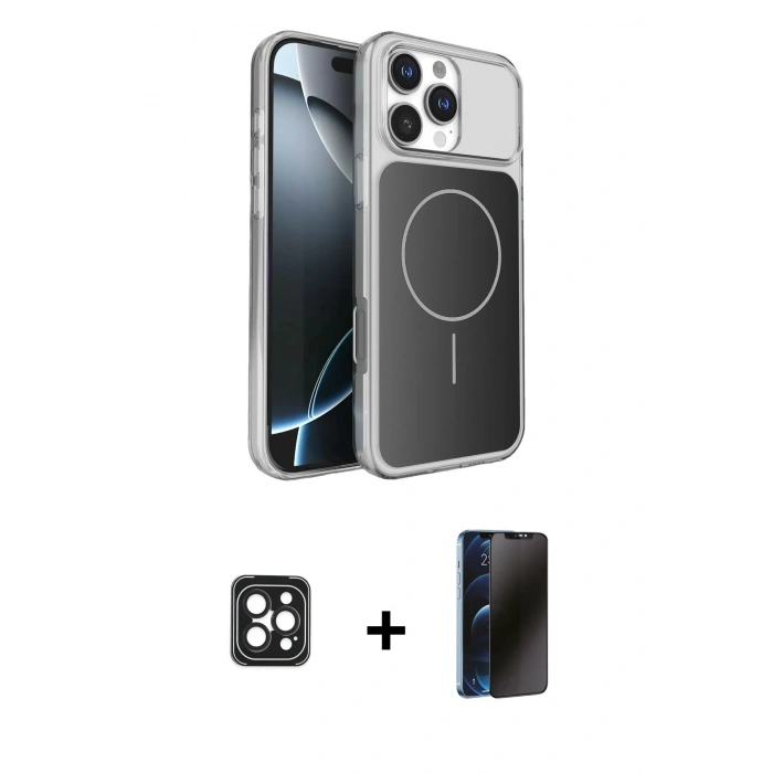 MARSİLYAN™- iPhone 16 Pro Max Kılıf Kutup Doku Serisi - Siyah 3D Antistatik Hayalet Cam Ekran Koruyucu + PVD Metal Kamera Lens - SH
