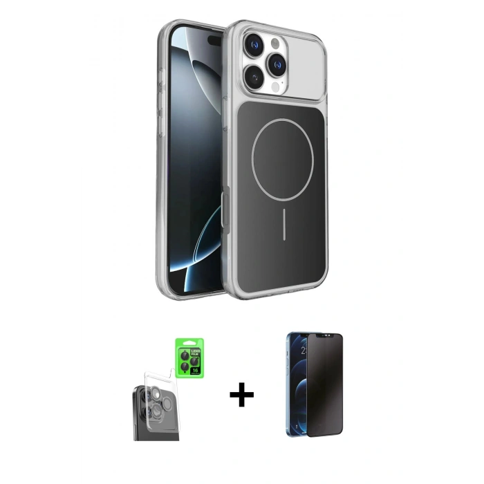 MARSİLYAN™- iPhone 16 Pro Max Kılıf Kutup Doku Serisi - Siyah 3D Antistatik Hayalet Cam Ekran Koruyucu + Raze Metal Kamera Lens - SH