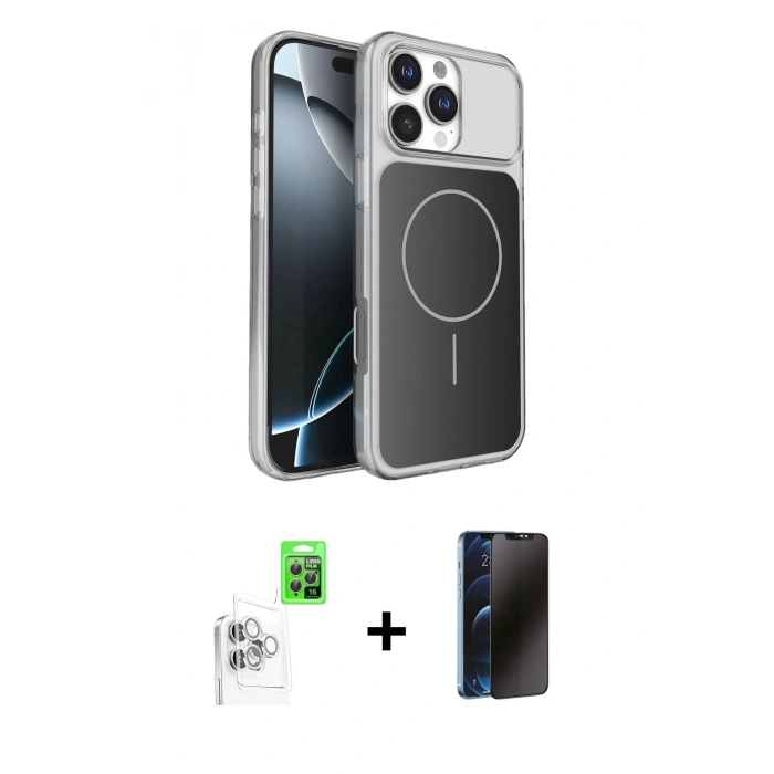 MARSİLYAN™- iPhone 16 Pro Max Kılıf Kutup Doku Serisi - Siyah 3D Antistatik Hayalet Cam Ekran Koruyucu + Raze Metal Kamera Lens - BZ