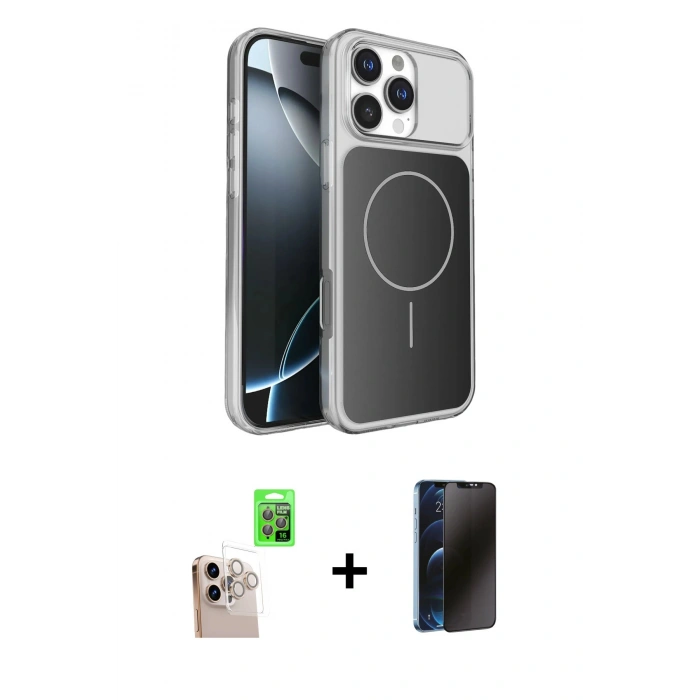 MARSİLYAN™- iPhone 16 Pro Max Kılıf Kutup Doku Serisi - Siyah 3D Antistatik Hayalet Cam Ekran Koruyucu + Raze Metal Kamera Lens - NLGY