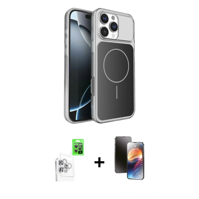 MARSİLYAN™- iPhone 16 Pro Max Kılıf Kutup Doku Serisi - Siyah 3D Antistatik Mat Seramik Nano Ekran Koruyucu + Beyaz Raze Metal Kamera Lens