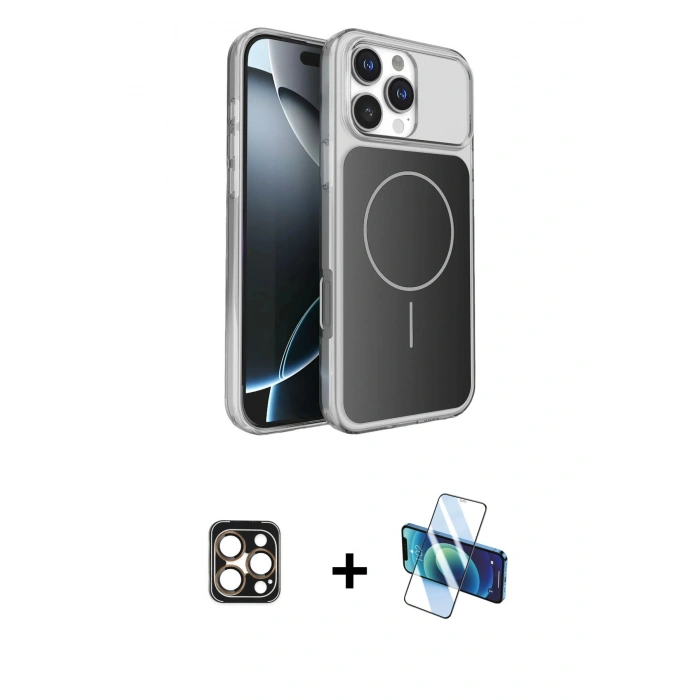MARSİLYAN™- iPhone 16 Pro Max Kılıf Kutup Doku Serisi - Siyah 3D Antistatik Seramik Nano Ekran Koruyucu + PVD Metal Kamera Lens - GD