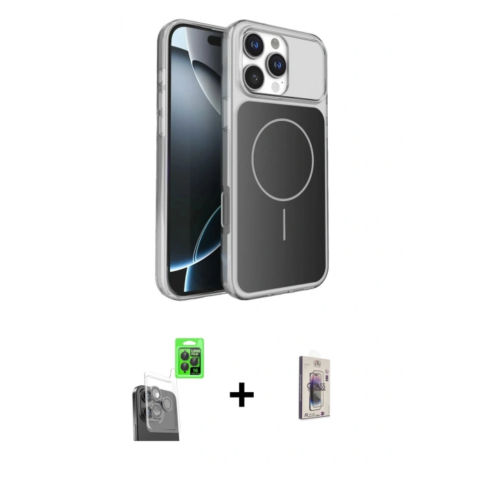 MARSİLYAN™- iPhone 16 Pro Max Kılıf Kutup Doku Serisi - Siyah Bilvis 3D Cam Ekran Koruyucu + Siyah Raze Metal Kamera Lens