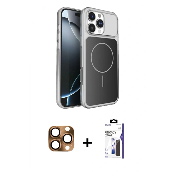 MARSİLYAN™- iPhone 16 Pro Max Kılıf Kutup Doku Serisi - Siyah Bilvis 3X AR Hayalet Cam Ekran Koruyucu + Pers Alüminyum Kamera Lens - CLTM