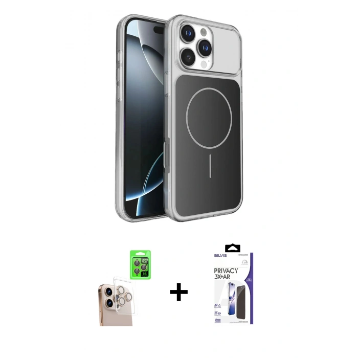 MARSİLYAN™- iPhone 16 Pro Max Kılıf Kutup Doku Serisi - Siyah Bilvis 3X AR Hayalet Cam Ekran Koruyucu + Raze Metal Kamera Lens - NLGY