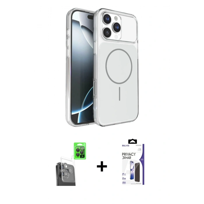 MARSİLYAN™- iPhone 16 Pro Max Kılıf Kutup Doku Serisi - Siyah Bilvis 3X AR Hayalet Cam Ekran Koruyucu + Raze Metal Kamera Lens - SH