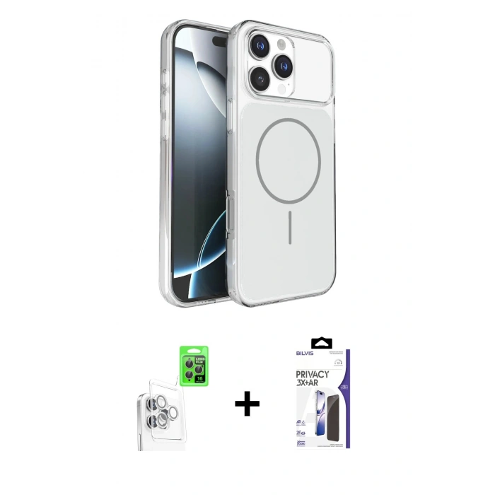 MARSİLYAN™- iPhone 16 Pro Max Kılıf Kutup Doku Serisi - Siyah Bilvis 3X AR Hayalet Cam Ekran Koruyucu + Raze Metal Kamera Lens - BZ