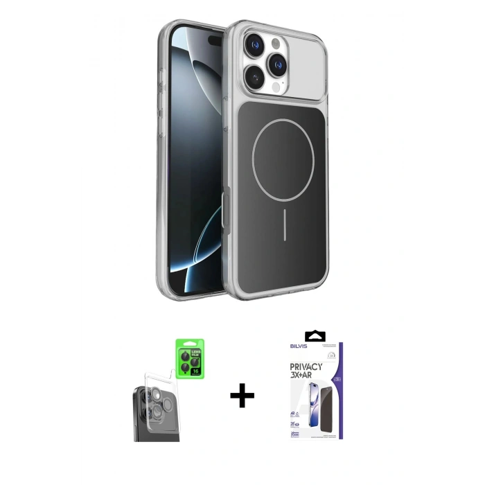 MARSİLYAN™- iPhone 16 Pro Max Kılıf Kutup Doku Serisi - Siyah Bilvis 3X AR Hayalet Cam Ekran Koruyucu + Raze Metal Kamera Lens - SH