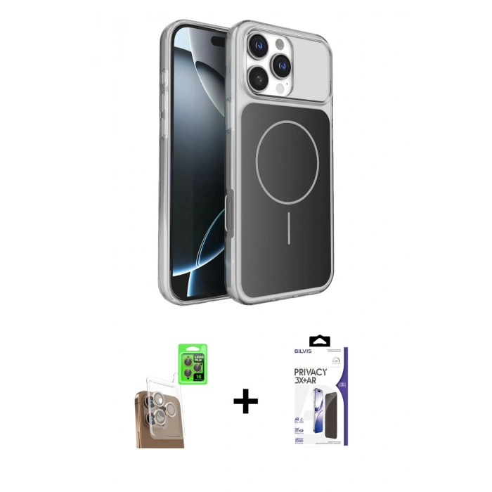 MARSİLYAN™- iPhone 16 Pro Max Kılıf Kutup Doku Serisi - Siyah Bilvis 3X AR Hayalet Cam Ekran Koruyucu + Raze Metal Kamera Lens - CLTM