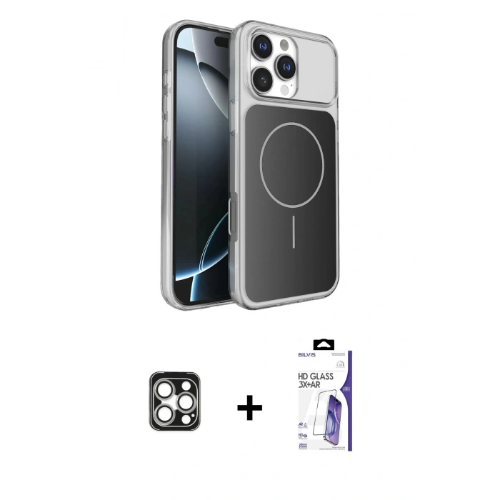 MARSİLYAN™- iPhone 16 Pro Max Kılıf Kutup Doku Serisi - Siyah Bilvis 3X AR HD Cam Ekran Koruyucu + PVD Metal Kamera Lens - GS