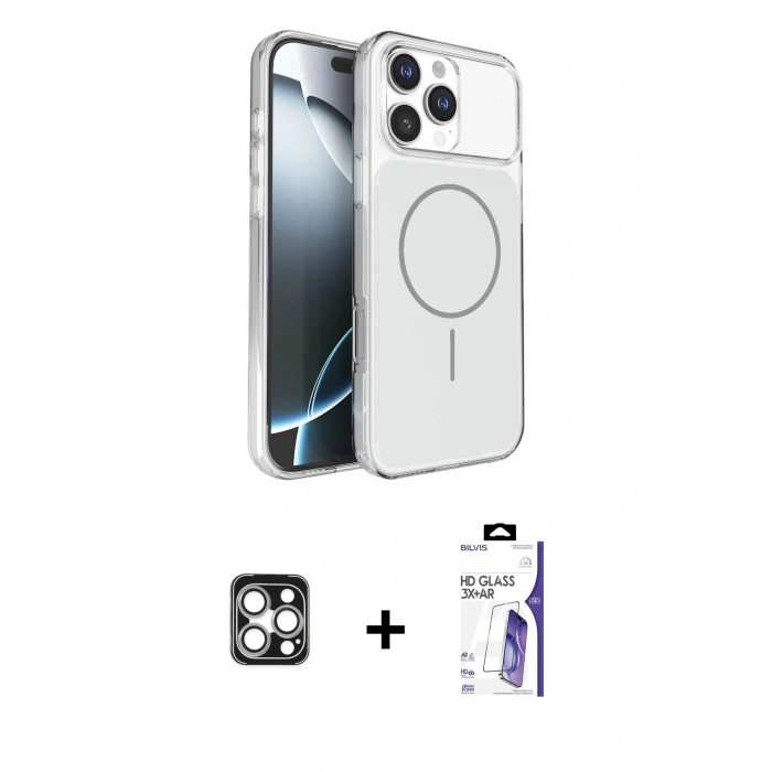 MARSİLYAN™- iPhone 16 Pro Max Kılıf Kutup Doku Serisi - Siyah Bilvis 3X AR HD Cam Ekran Koruyucu + PVD Metal Kamera Lens - GS