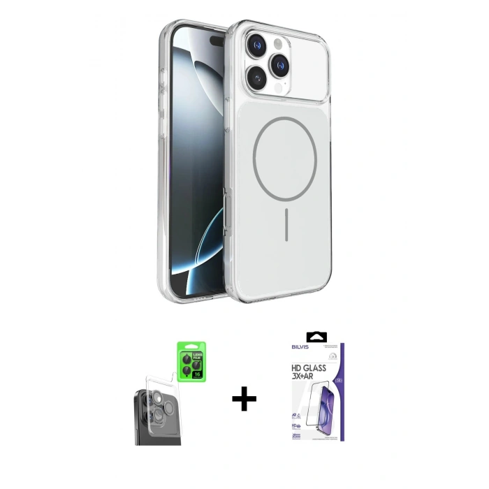 MARSİLYAN™- iPhone 16 Pro Max Kılıf Kutup Doku Serisi - Siyah Bilvis 3X AR HD Cam Ekran Koruyucu + Raze Metal Kamera Lens - SH