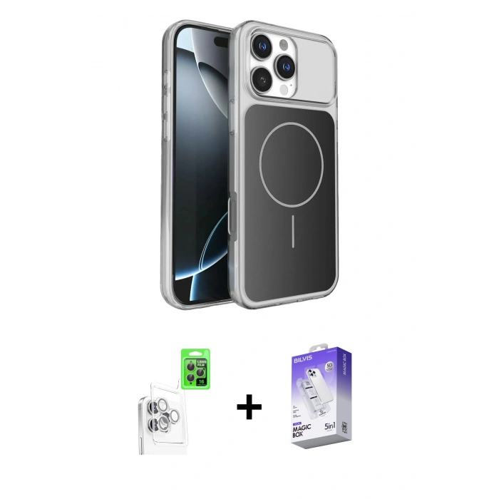 MARSİLYAN™- iPhone 16 Pro Max Kılıf Kutup Doku Serisi - Siyah Bilvis 5in1 3D Magic Cam Ekran Koruyucu + Raze Metal Kamera Lens - BZ