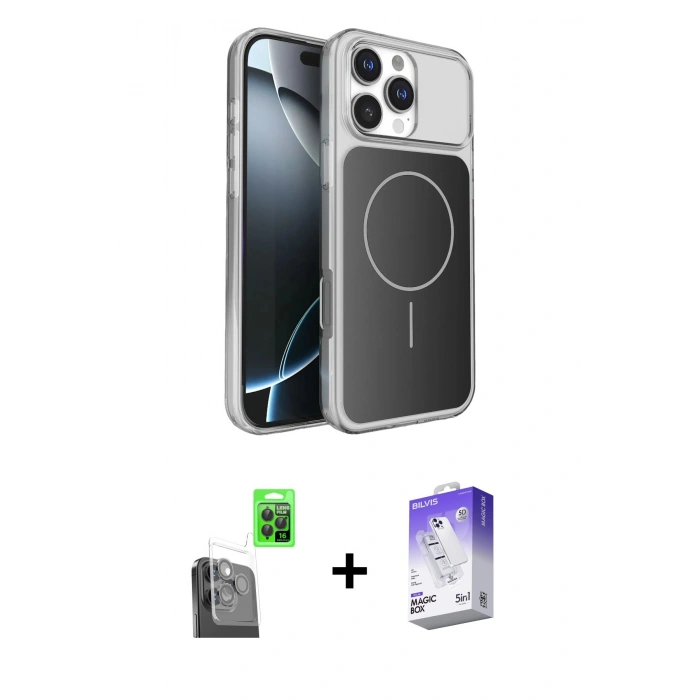 MARSİLYAN™- iPhone 16 Pro Max Kılıf Kutup Doku Serisi - Siyah Bilvis 5in1 3D Magic Cam Ekran Koruyucu + Raze Metal Kamera Lens - SH