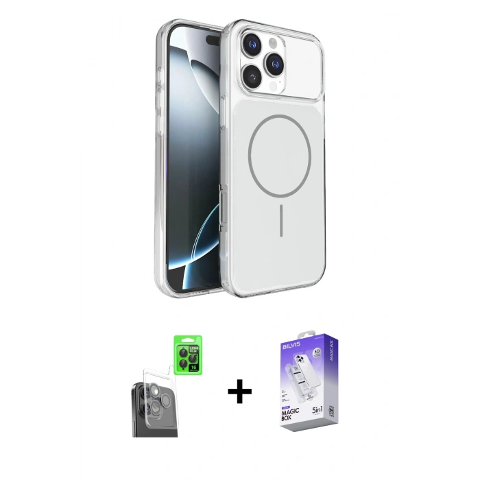 MARSİLYAN™- iPhone 16 Pro Max Kılıf Kutup Doku Serisi - Siyah Bilvis 5in1 3D Magic Cam Ekran Koruyucu + Raze Metal Kamera Lens - SH