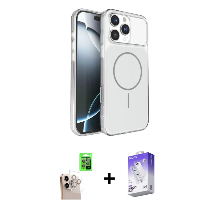 MARSİLYAN™- iPhone 16 Pro Max Kılıf Kutup Doku Serisi - Siyah Bilvis 5in1 3D Magic Cam Ekran Koruyucu + Raze Metal Kamera Lens - NLGY