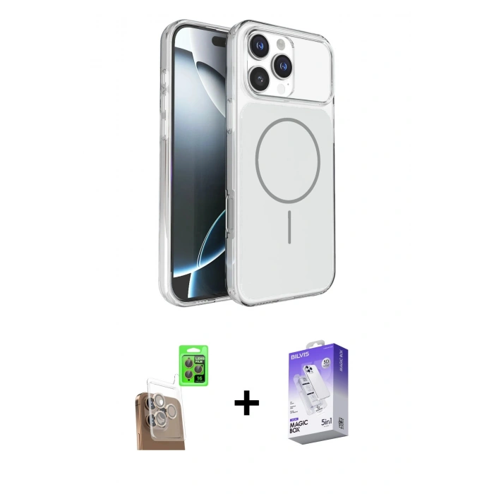 MARSİLYAN™- iPhone 16 Pro Max Kılıf Kutup Doku Serisi - Siyah Bilvis 5in1 3D Magic Cam Ekran Koruyucu + Raze Metal Kamera Lens - CLTM