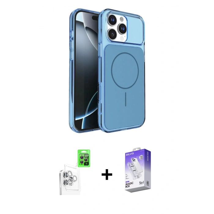 MARSİLYAN™- iPhone 16 Pro Max Kılıf Kutup Doku Serisi - Siyah Bilvis 5in1 3D Magic Cam Ekran Koruyucu + Raze Metal Kamera Lens - BZ