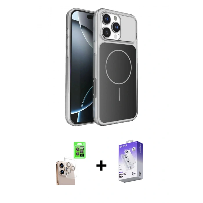 MARSİLYAN™- iPhone 16 Pro Max Kılıf Kutup Doku Serisi - Siyah Bilvis 5in1 3D Magic Cam Ekran Koruyucu + Raze Metal Kamera Lens - NLGY