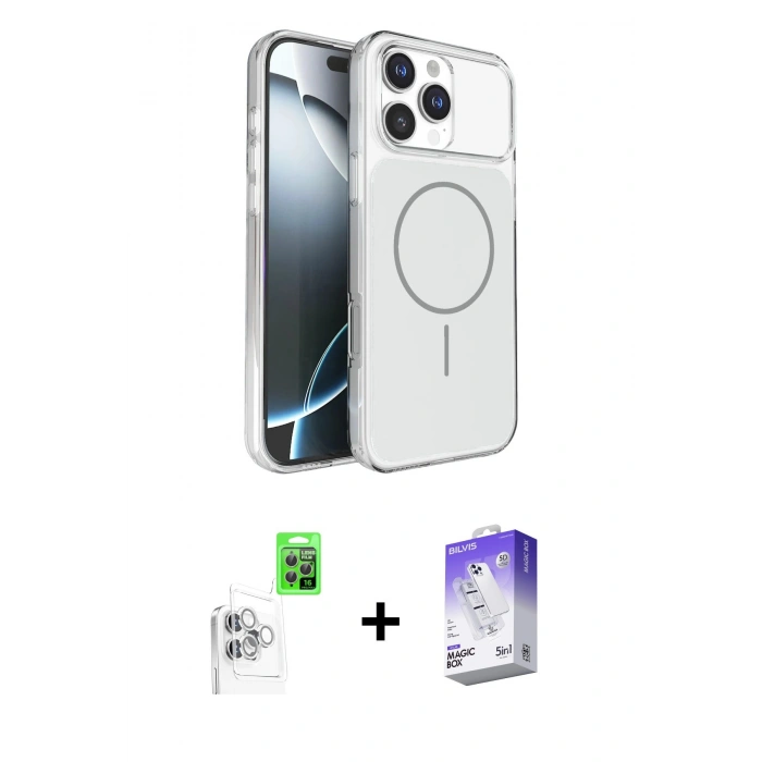 MARSİLYAN™- iPhone 16 Pro Max Kılıf Kutup Doku Serisi - Siyah Bilvis 5in1 3D Magic Cam Ekran Koruyucu + Raze Metal Kamera Lens - BZ