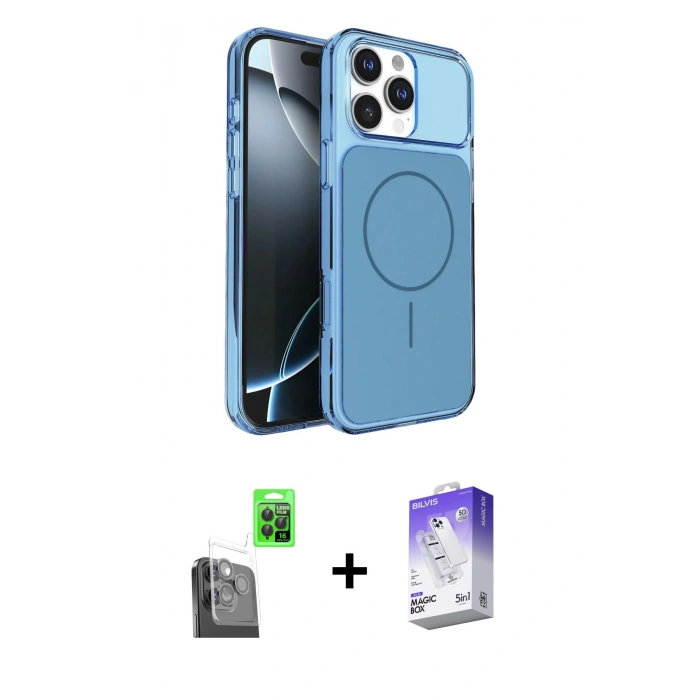 MARSİLYAN™- iPhone 16 Pro Max Kılıf Kutup Doku Serisi - Siyah Bilvis 5in1 3D Magic Cam Ekran Koruyucu + Siyah Raze Metal Kamera Lens