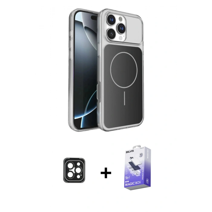 MARSİLYAN™- iPhone 16 Pro Max Kılıf Kutup Doku Serisi - Siyah Bilvis 5in1 5D Magic Hayalet Cam Ekran Koruyucu + Siyah PVD Metal Kamera Lens