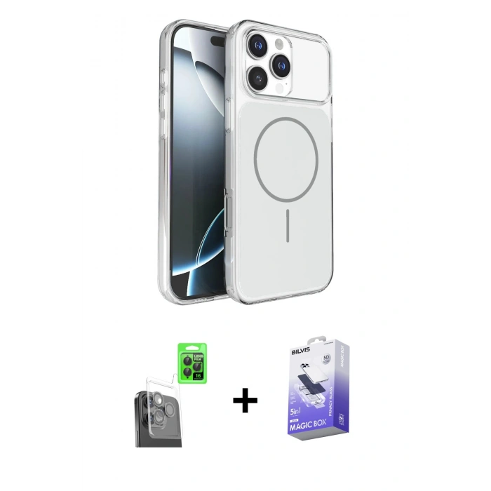 MARSİLYAN™- iPhone 16 Pro Max Kılıf Kutup Doku Serisi - Siyah Bilvis 5in1 5D Magic Hayalet Cam Ekran Koruyucu + Raze Metal Kamera Lens - SH