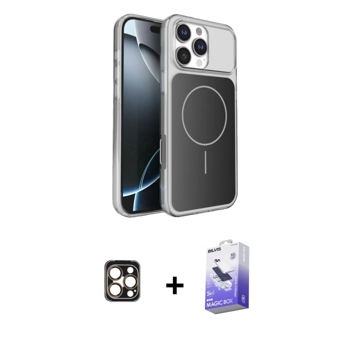 MARSİLYAN™- iPhone 16 Pro Max Kılıf Kutup Doku Serisi - Siyah Bilvis 5in1 5D Magic Hayalet Cam Ekran Koruyucu + PVD Metal Kamera Lens - GD