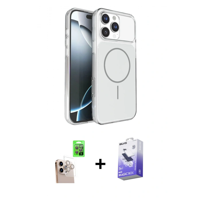 MARSİLYAN™- iPhone 16 Pro Max Kılıf Kutup Doku Serisi - Siyah Bilvis 5in1 5D Magic Hayalet Cam Ekran Koruyucu + Raze Metal Kamera Lens - NLGY