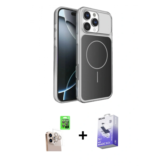 MARSİLYAN™- iPhone 16 Pro Max Kılıf Kutup Doku Serisi - Siyah Bilvis 5in1 5D Magic Hayalet Cam Ekran Koruyucu + Raze Metal Kamera Lens - NLGY